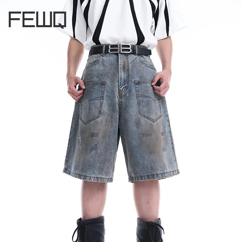 FEWQ Men's Niche Pockets Design Denim Shorts Men's Wornout 2024 Vintage High Street Korea Fashion Male Trousers 24E1513