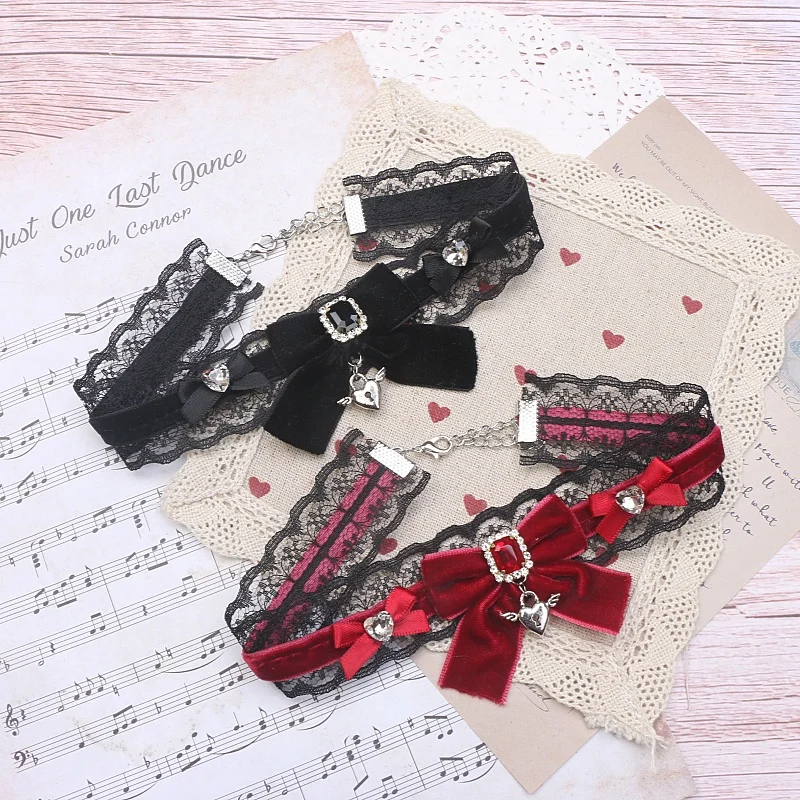 Handmade Japanese Lolita Mass Production Velvet Bow Wings Lock Pendant Sticker Neck Collar Female Dark Goth Lo Small Objects