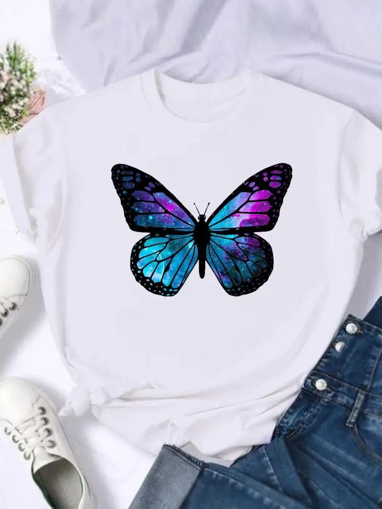 Women\'s European and American Clothing Butterfly Letter Printed Short-sleeved T-shirt Tops  Graphic T Shirts  Harajuku