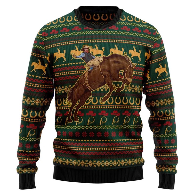 Cowboy Horse Ugly Christmas Sweater Men American Western 3d Printed Pullovers Long Sleeve Xmas Sweatshirts Tops Crewneck Hoodie