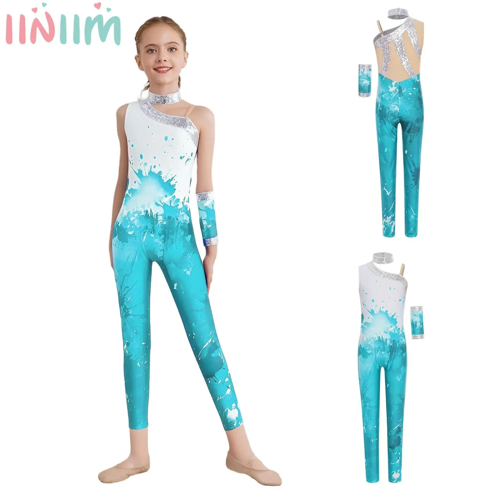 

Гимнастический комбинезон с принтом блесток, асимметричное боди, трико полной длины, блестящая танцевальная одежда для выступлений на сцене и практики