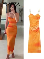 TRAFZA Summer Woman Tie-dye Gradient Sleeveless Dress Fashion Beach Style Orange Printed Backless Sexy Slim Dresses Mujer Traf