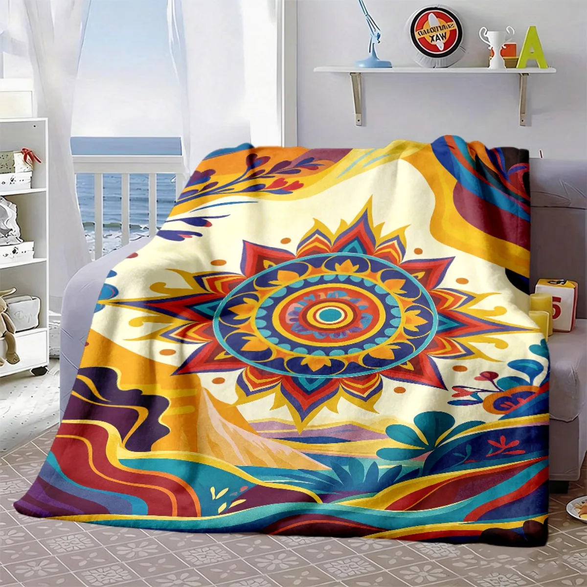Vivid Bohemian Mandala Flower Landscape Graffiti Art Pattern Soft Blanket Fit Living Room Bed Travel Multi-scene Home Daily Use