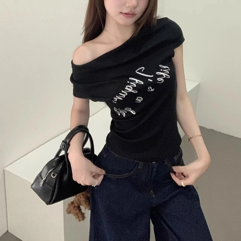 

Casual Outing Black 2025 Letter T-Shirt Casual Style Multiple Sizes Available Polyester Fabric Regular Length Top