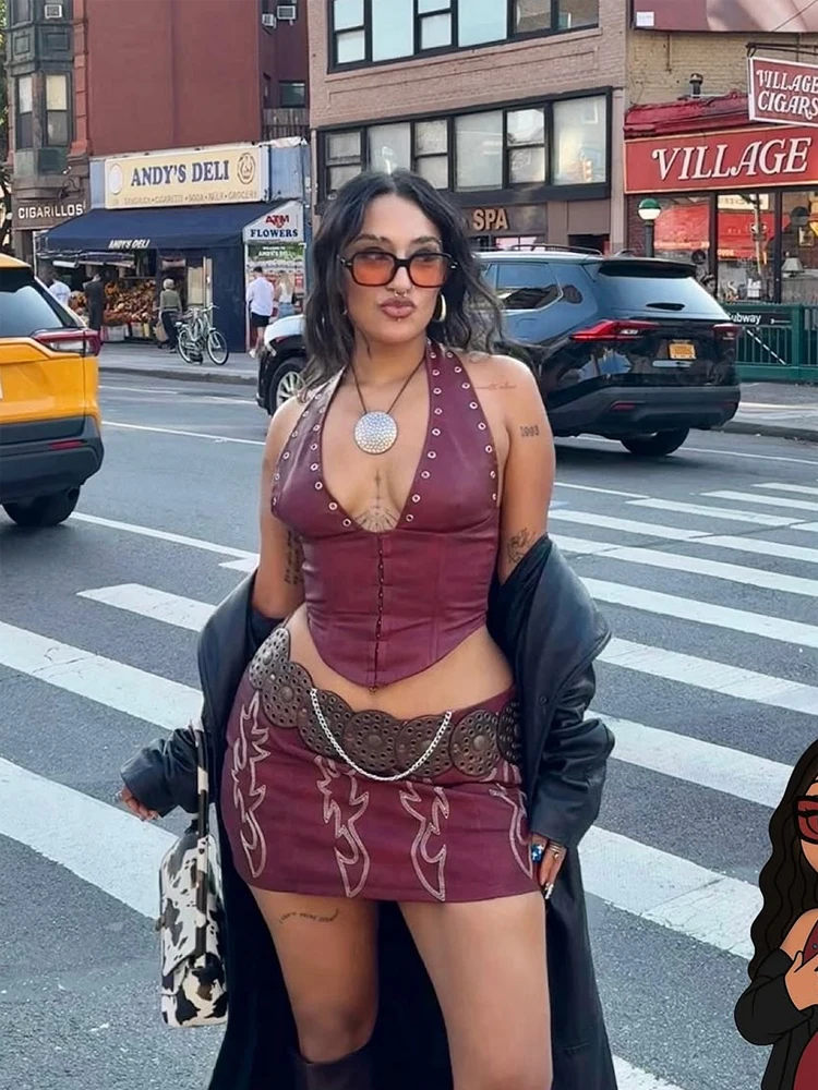 

Women Sexy Angola Red Eyelet Leather Vest Women Trendy Sleeveless Off-shoulder Backless Crop Halter Top 2026 Street Style Outfit