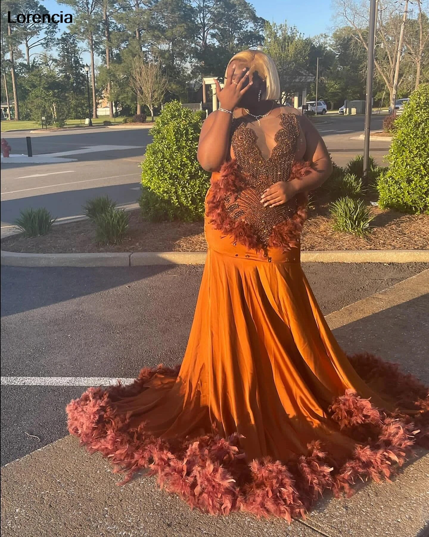 Lorencia orange Federn Meerjungfrau Ballkleid Perlen Glitter afrikanische Mädchen Party kleider lange aso ebi Abendkleid ypd139