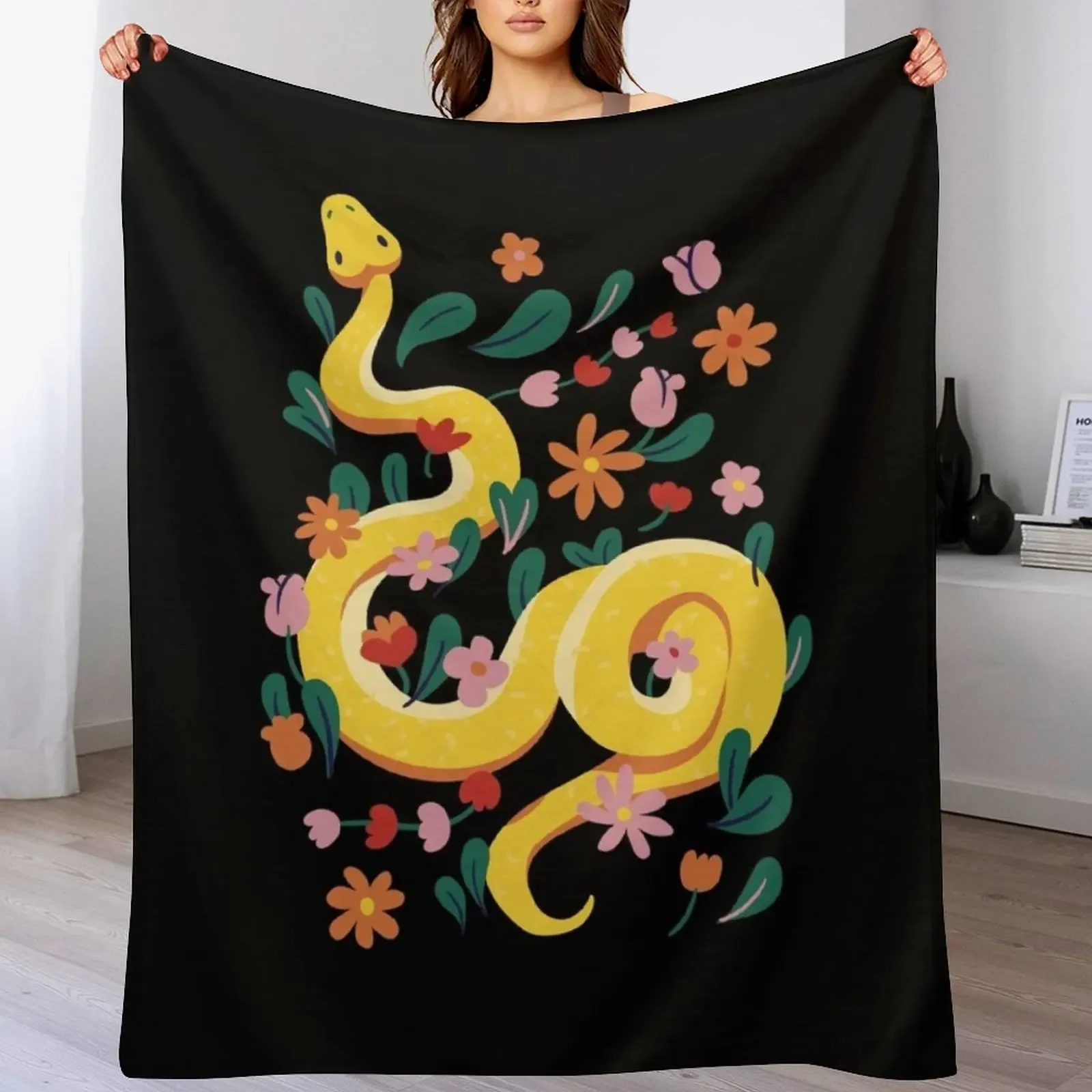 Yellow snake flower pattern Throw Blanket No Pilling Soft Warm Blanket for Bed