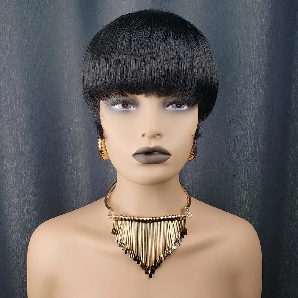 픽시 컷 인모 짧은 레이어드 기계 제작 가발 여성용 브라질 레미 스트레이트 인모 가발 내추럴 블랙 컬러