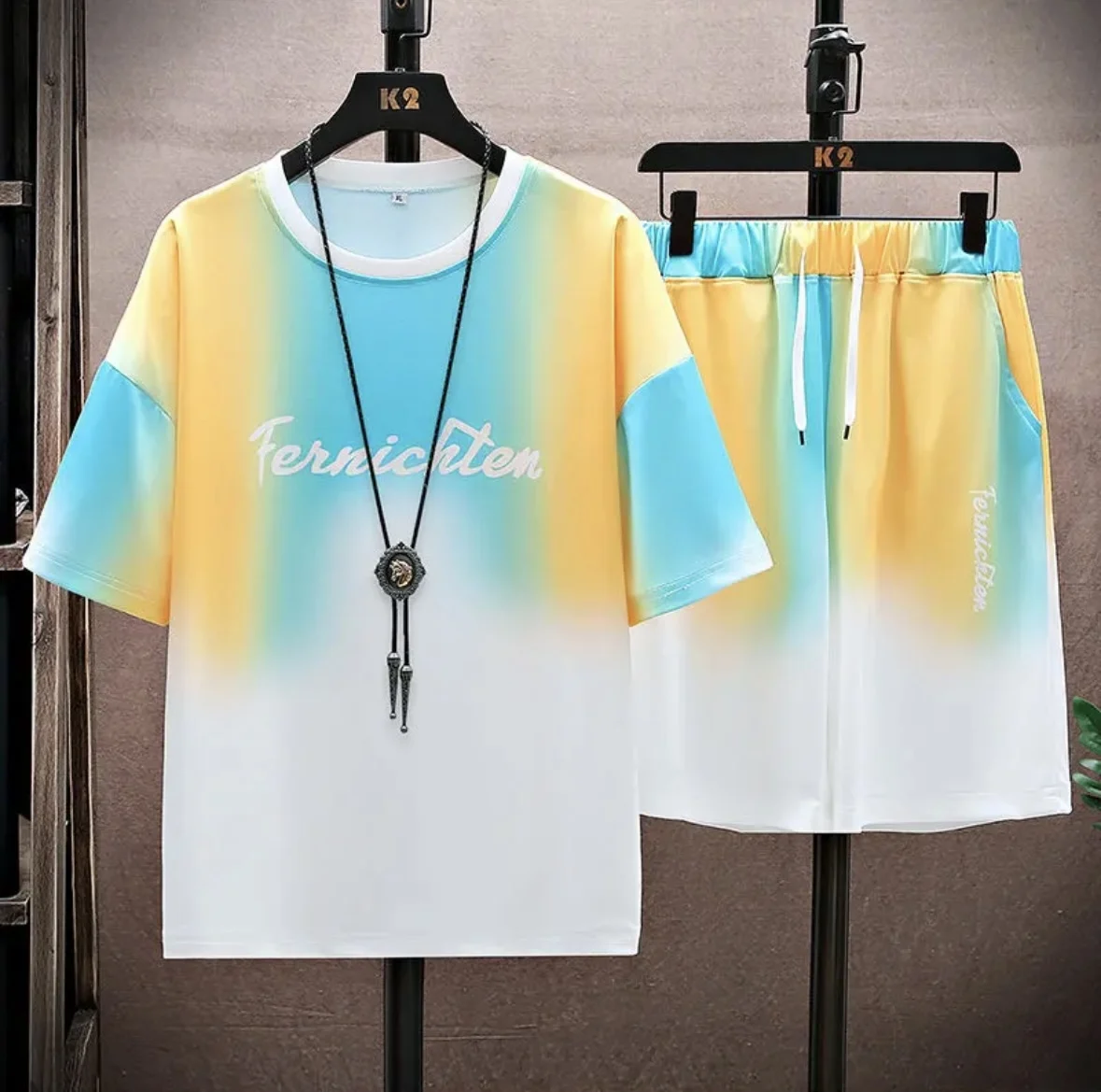 New hot-selling summer couple ice silk set, loose Korean-style casual unisex sports T-shirt and shorts, fashionable quick-dry view 4