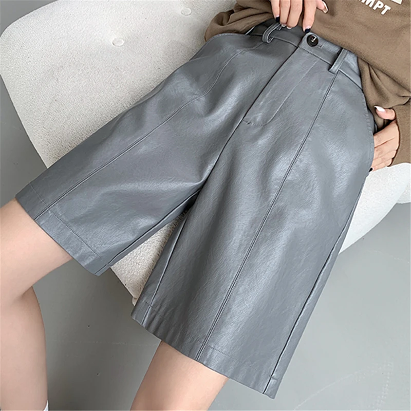 Seoulish Women's Black Faux PU Leather Shorts 2023 New Autumn Winter Washed High Waist Wide Leg Loose Pants Female Trousers