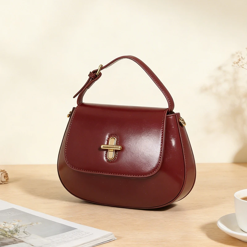 

HIFASHION Genuine Cowhide Leather Saddle Bags Women Small Shoulder Crossbody Bags Top Handle Purse Flap Handbag For Work Party