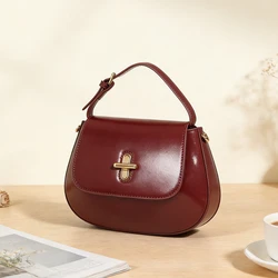 HIFASHION Genuine Cowhide Leather Saddle Bags Women Small Shoulder Crossbody Bags Top Handle Purse Flap Handbag For Work Party