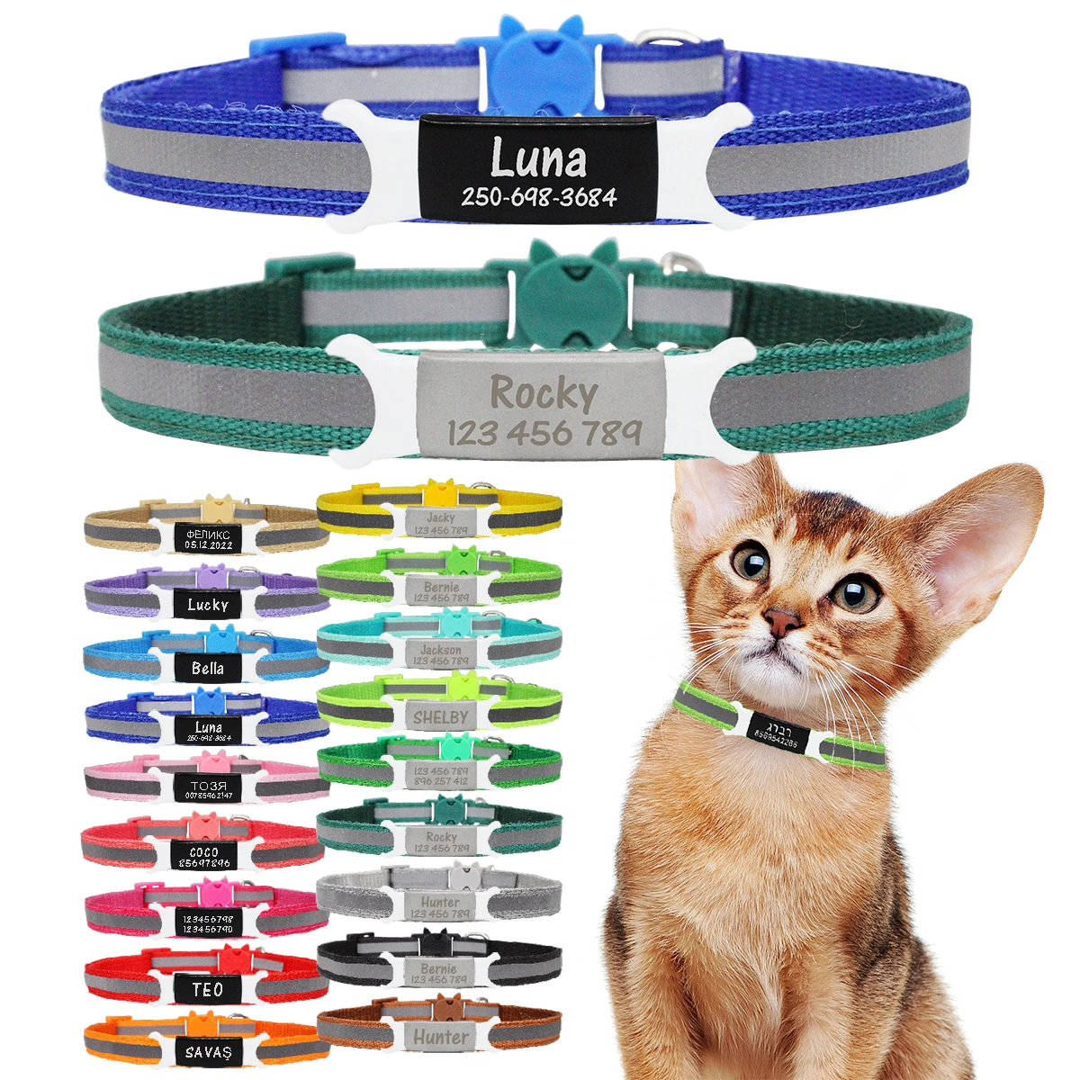 Reflective Cat Safety Buckle Colorful Collar Adjustable Custom ID Name Engraved Necklace Accessories Nameplate Collar