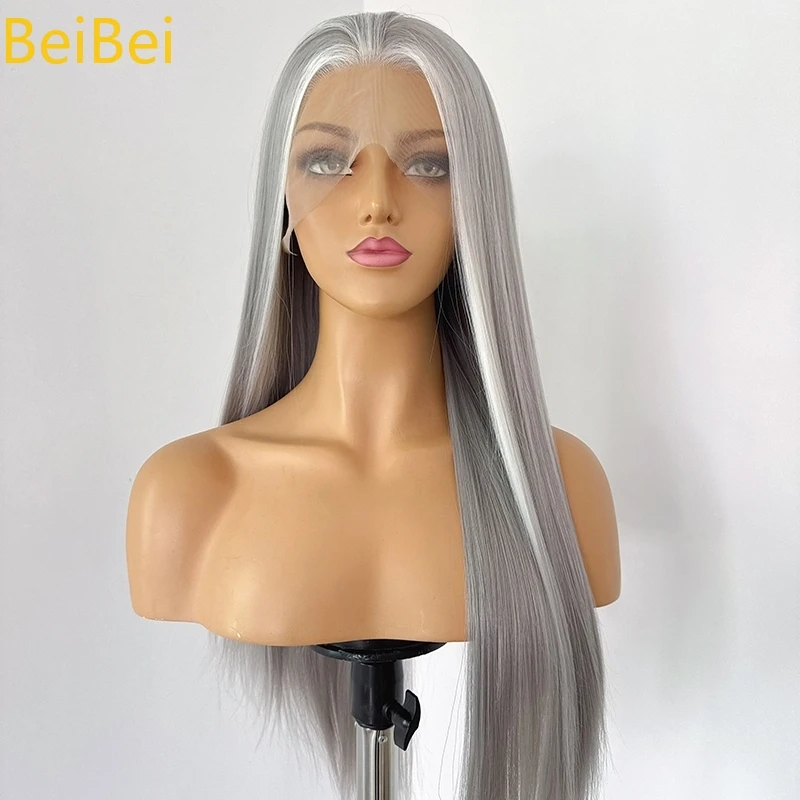 Wig Renda Sorotan Abu-abu-putih 13*4 Wig Renda Depan untuk Wanita 26 Inci Wig Renda Sintetis Kualitas Tinggi Abu-abu Perak untuk Cosplay