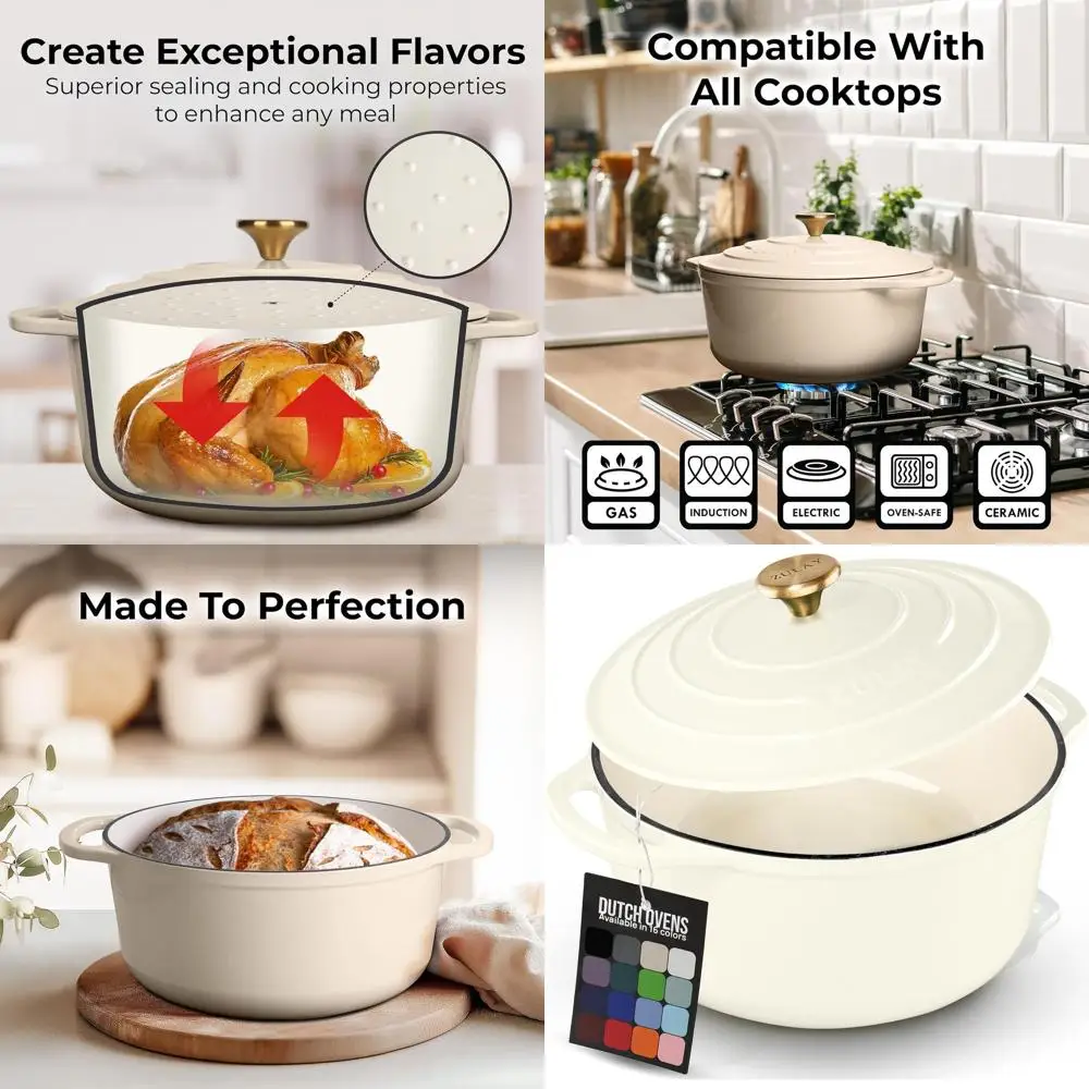 

Чугунная эмалированная кастрюля-казан, 5 кварт, для использования в духовке до 500 градусов ° Идеально подходит для выпечки, тушения, запекания, жарки, цвет слоновой кости