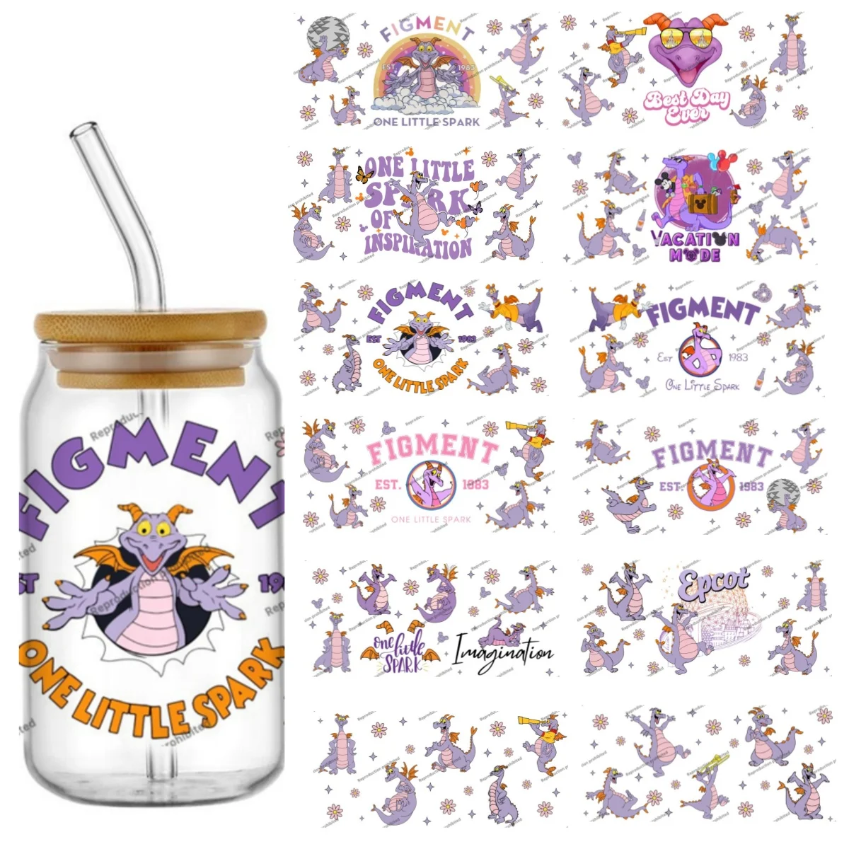 

Miniso Cartoon figment dragon UV DTF sticker For 16oz Libbey Beer Glass Can UV DTF DIY Cartoon cup wrap Selfadhesive Washable
