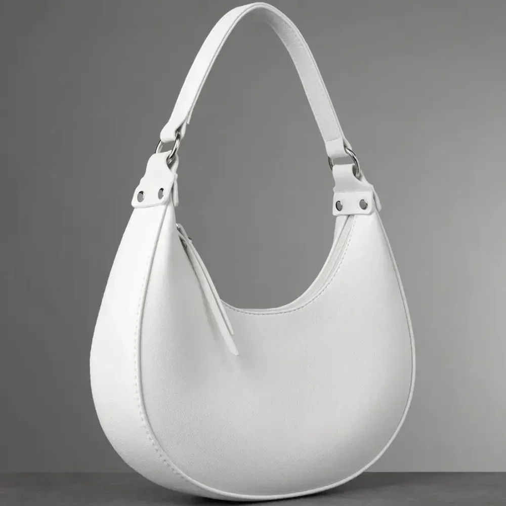 1 حقيبة كتف أنيقة من الجلد الصناعي، مناسبة للنساء، حقيبة إبط نصف دائرية بلون سادة مع سحاب للإغلاق