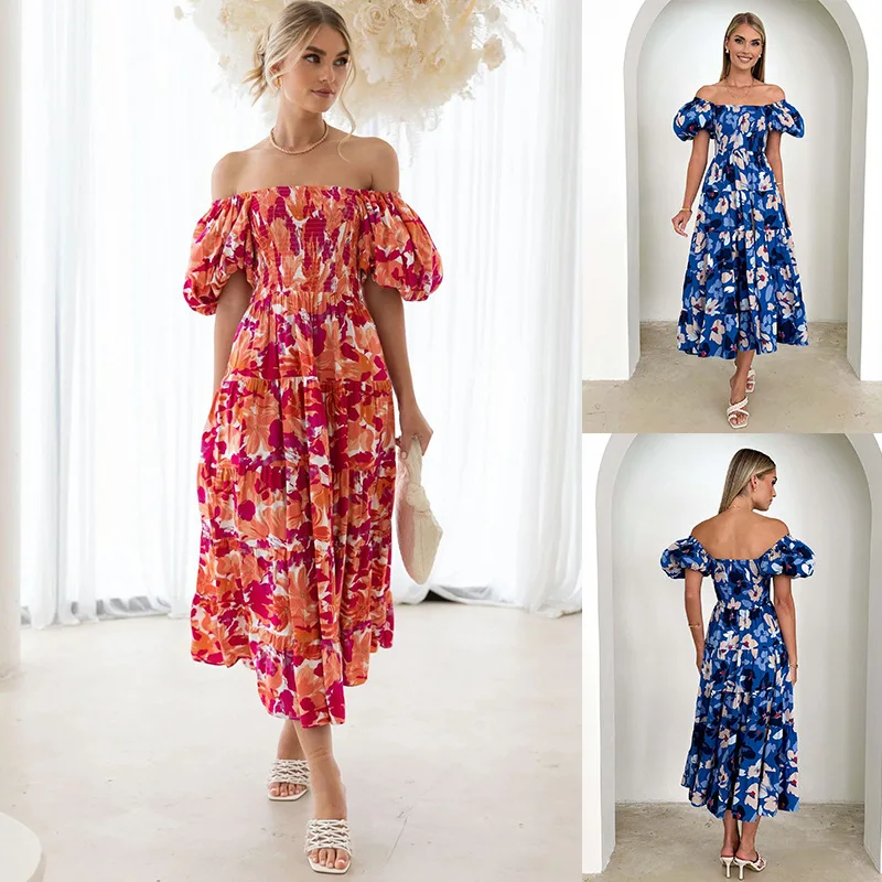 

Women's Clothing2025Summer Fashion Lantern Sleeve High Waist off-Neck Printed Dress