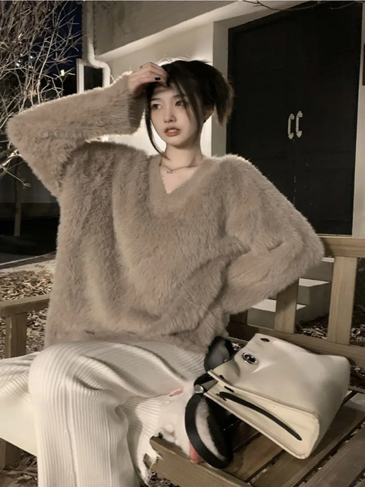 

2022 Fall/Winter New Gentle Mink Velvet V-neck Sweet knit Sweater Pullover Women Simple Loose Lazy Mohair Long Sweater Top