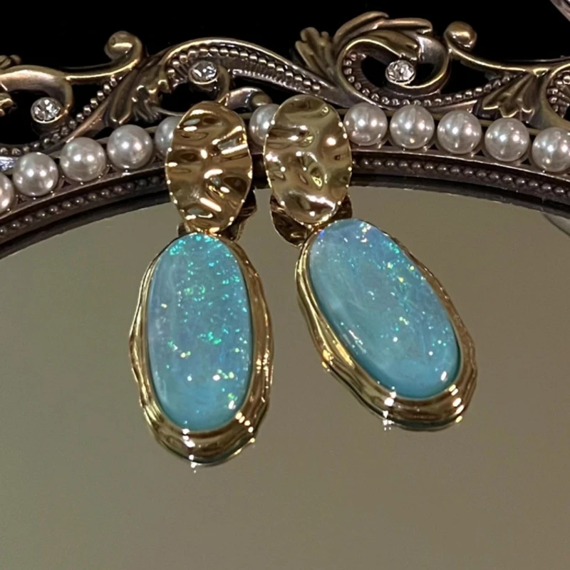 Retro Elegant Blue Irregular Oval Pendant Stud Earrings for Women Luxury Temperament Earrings Casual Party Jewelry Accesories