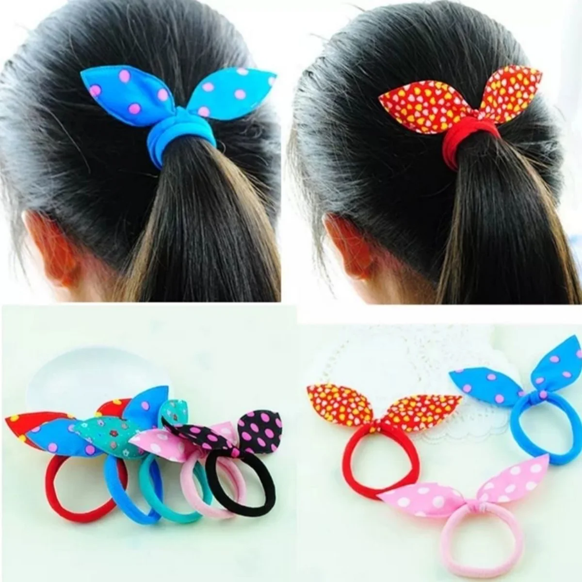 Cute Bunny Ear Hair Ties Set, Colorful Polka Dot Elastic Hair Bands, Sweet Hair Accessories for Kids & Girls