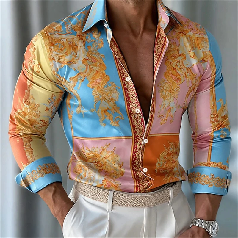 Men's Long-Sleeve Shirt Autumn 2026 New Arrival Vintage Luxury Print Button-Down Loose Plus-Size Fit Outdoor Street-Style Top