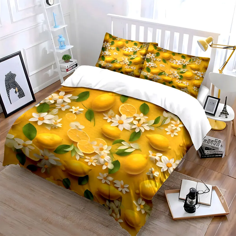 

"Lemon-Themed Floral Set Decoration" kid's and adults' bedroom decor, Exquisite three-piece bedding set gift