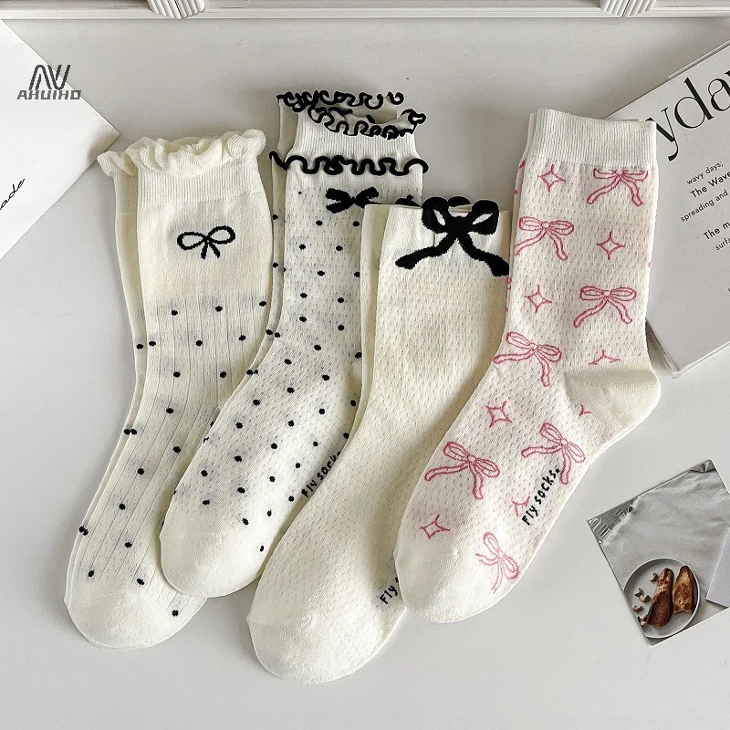 1 Pair Black Polka Dot Socks Summer Thin Hollow Out Heart Breathable Long Socks Cute Sweet Girls Ruffle Socks