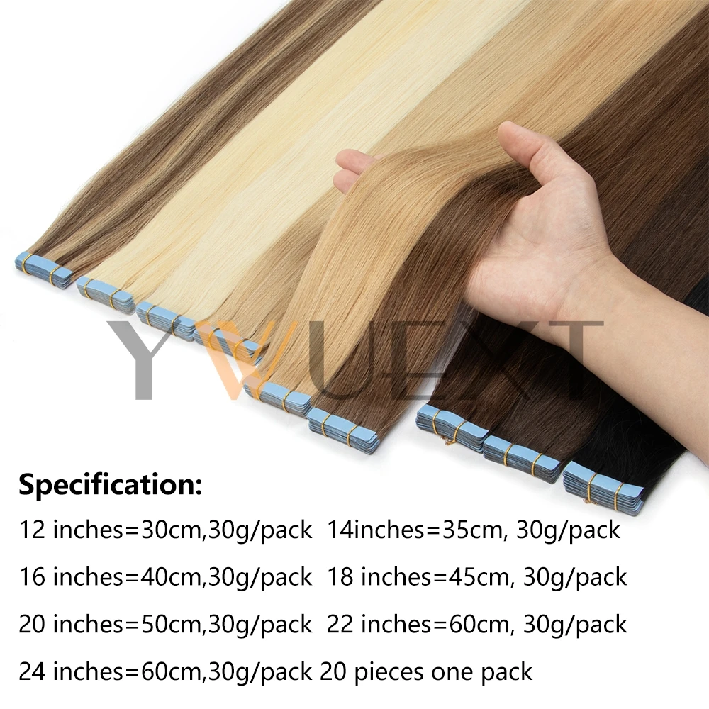 شريط شعر بشري حقيقي في ملحقات 12 ''-24'' شعر طبيعي مستقيم عالي الضوء بدون خياطة على شريط مزدوج الجوانب 20 قطعة 30 جرام/الحزمة