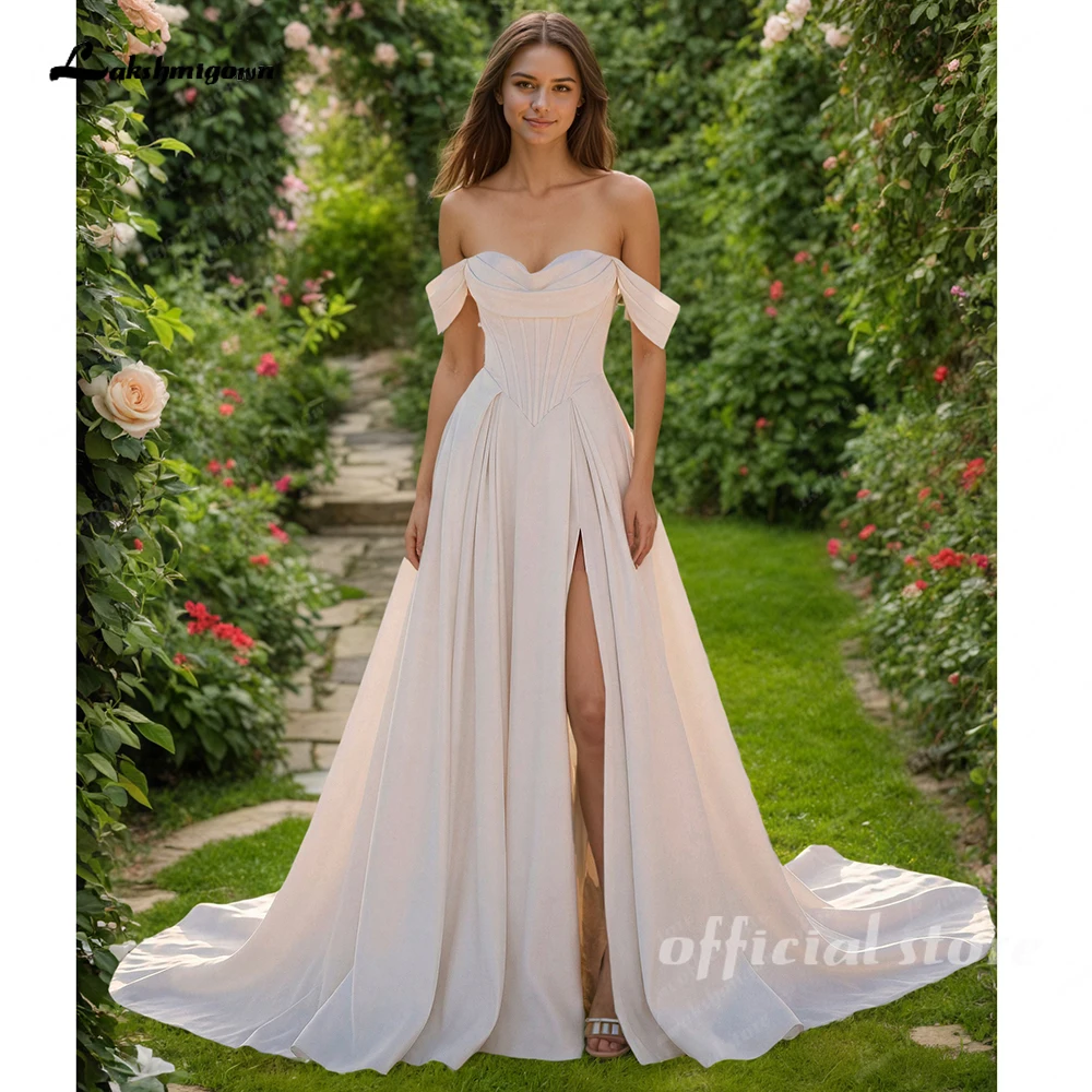 Lakshmigown Schulterfreies A-Linien-Hochzeitskleid mit Seitenschlitz, Prinzessinnen-Satin-Brautkleid, Rückenfreies Hochzeitskleid, Maßanfertigung – Detail 5