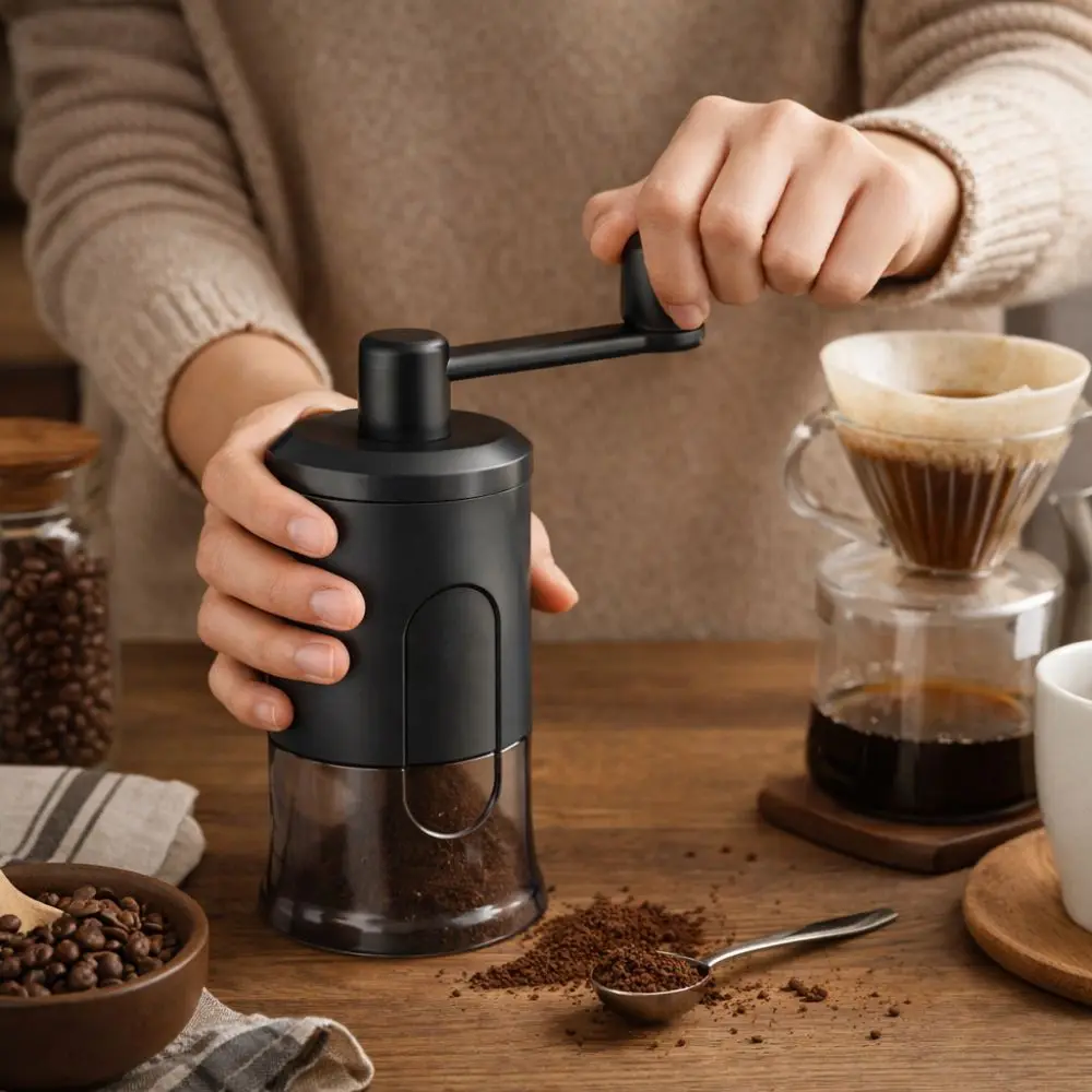 Portable Manual Coffee Grinder Clear Powder Container Adjustable Grind Hand Crank Mill Handheld Plastic Coffee Bean Grinder