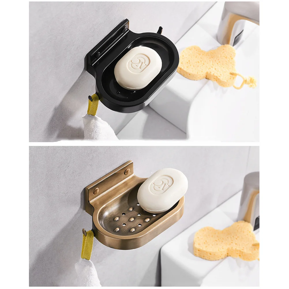 حامل صابون ذاتي اللصق من الألومنيوم الأسود العتيق للحمام والمطبخ وسلة صابون مثبتة على الحائط مع خطافات وصينية قابلة للتصريف #3