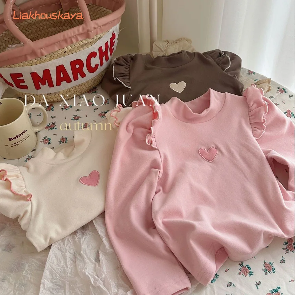 Girls De Velvet Ruffle Sleeve Base Shirt 2026 Autumn Winter Half High Neck Heart Print Long Sleeve Top Sweet All Match Blouse  ﻿