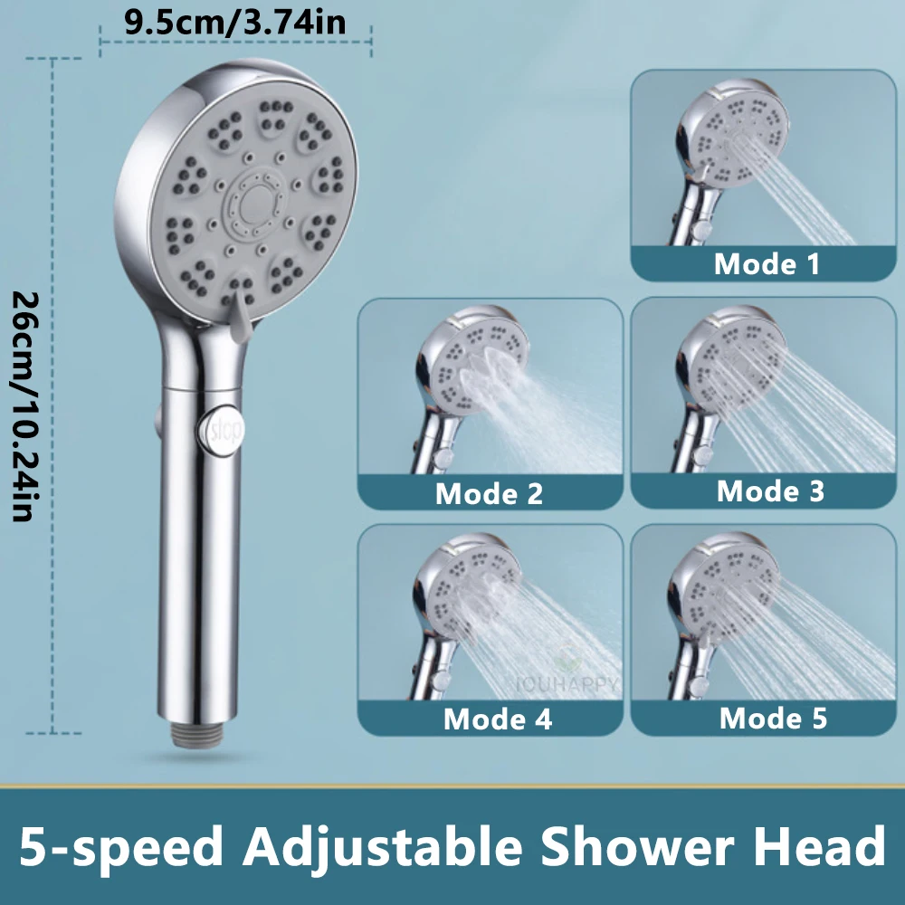 

High Pressure Shower Head with One-click Water Stop 5-Speed Modes Adjustable Shower Head Rainfall Spray Bathroom Accessories