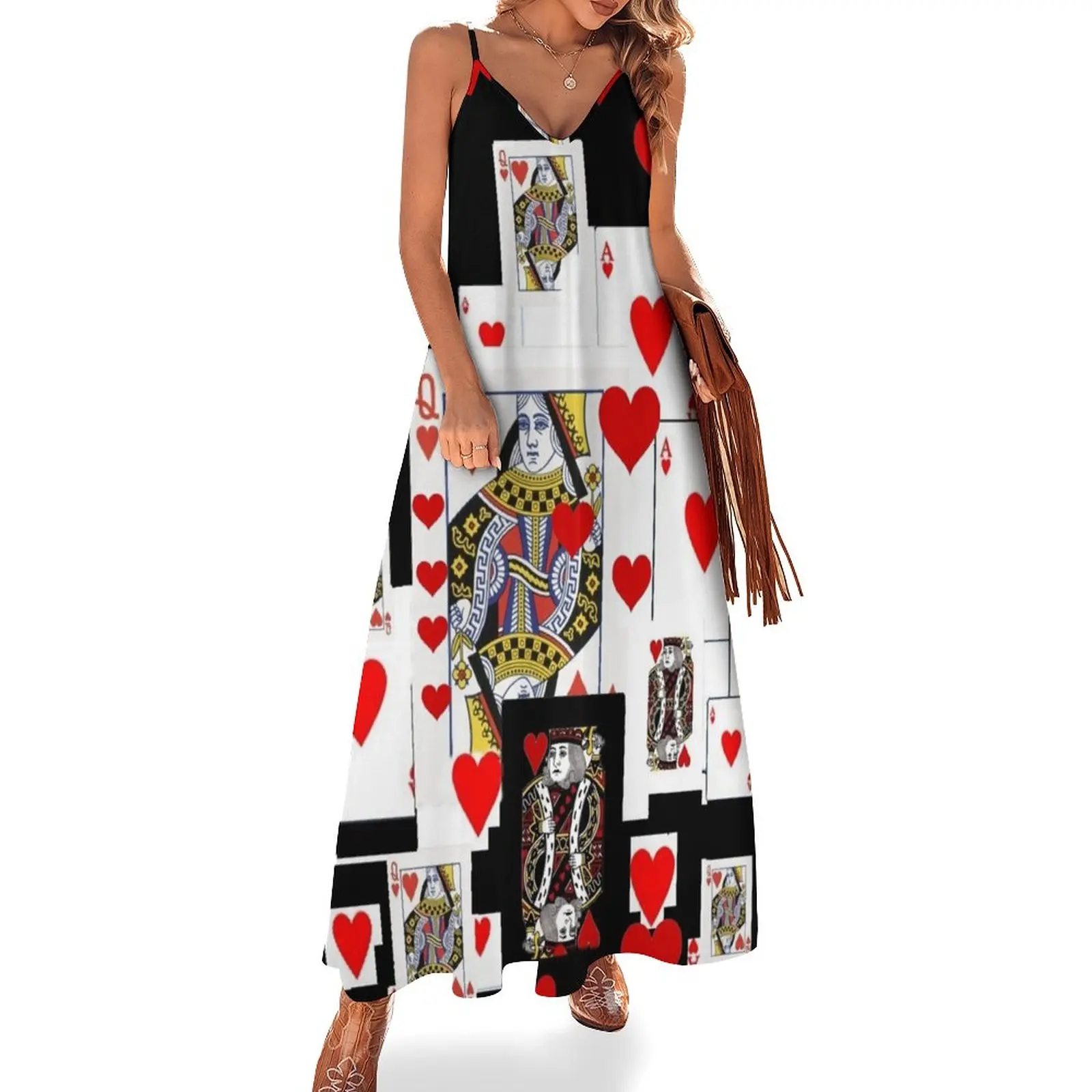 BLACK COLOR ROYAL COURT CASINO RED HEARTS CARDS Sleeveless Dress Party dresses for women dress korean style summer women\'s suit