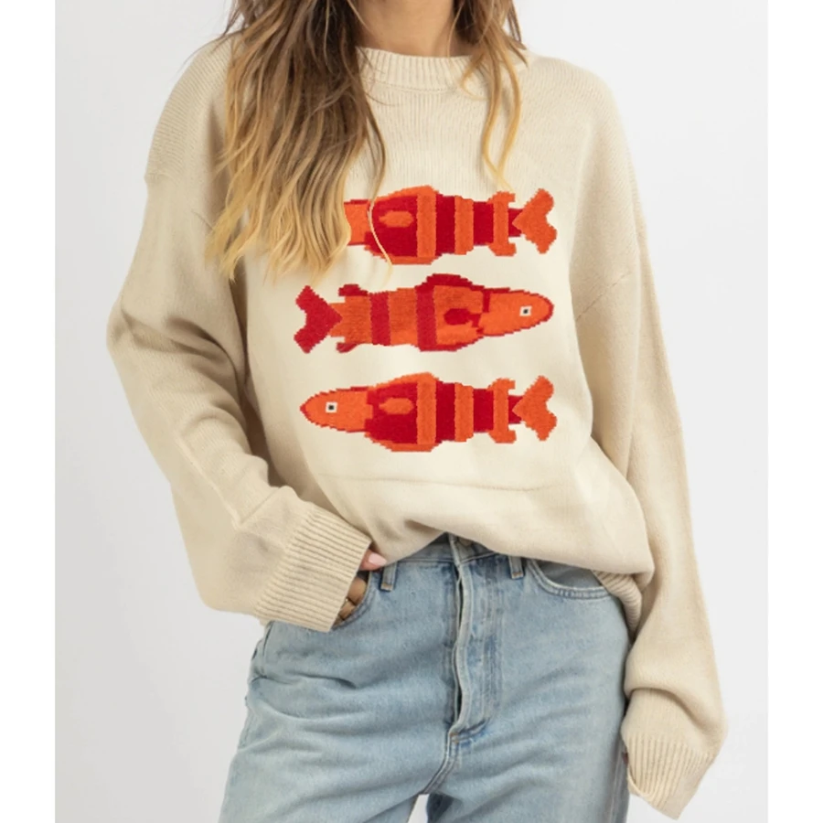 เสื้อไหมพรมผู้หญิงดีไซน์หรูหรา สไตล์ลำลอง ลายปลา แขนยาว คอกลม ทรงหลวม ใส่สบาย เหมาะสำหรับฤดูใบไม้ร่วง