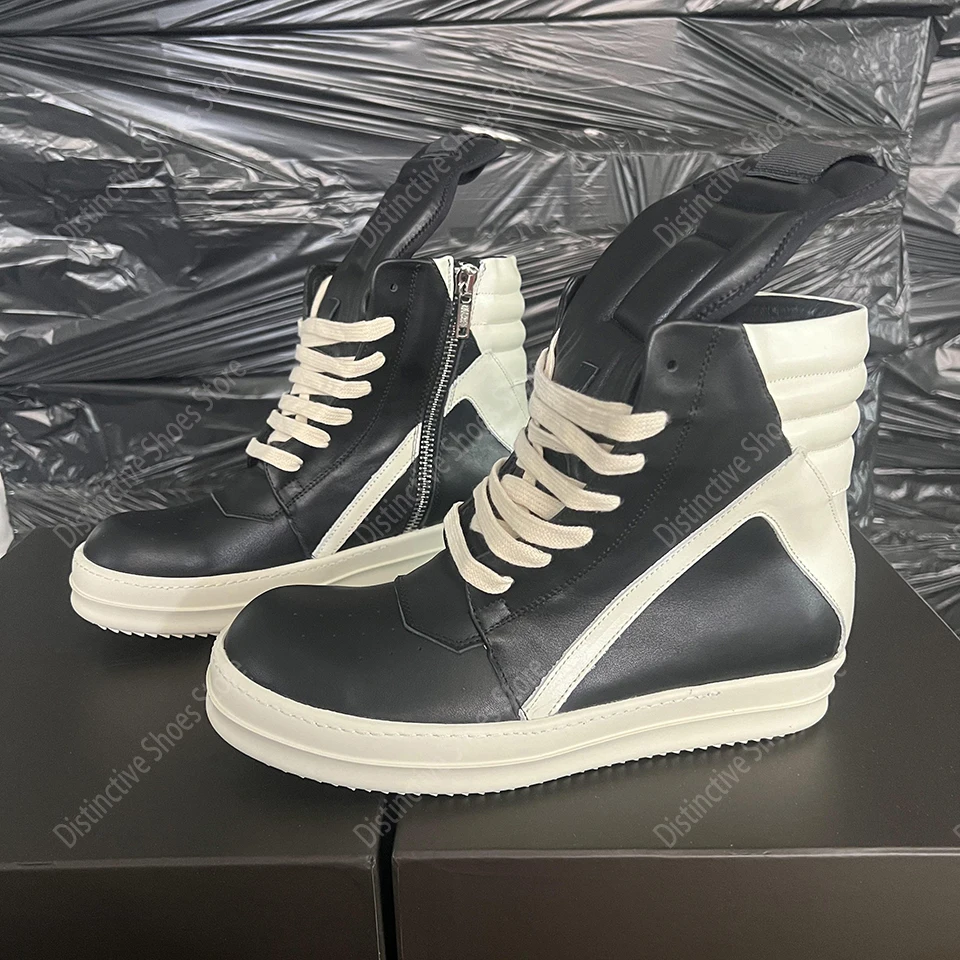 

Brand Men Shoe Casual High Top Quality Women Sneaker Black Ankle Boot Geobasket Leather HotSale Fashion Thick-sole Flat Zip Shoe
