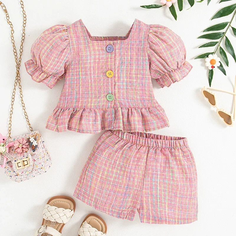 Summer New Girls' Two-piece Set Puffed Sleeve Plaid Pattern Baby Girl Suit Lace Pleated Top Plus Shorts Casual Girls