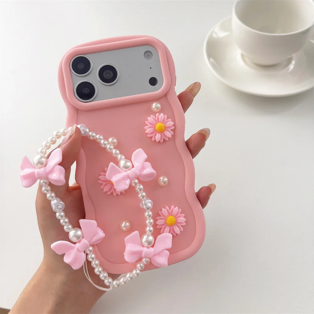 Dainty Coquette Matte Wavy Edge Daisy Pearl Phone Case for 17 Pro Max Bow Bead Wrist Strap Protective Cover for iPhone 16 15 14