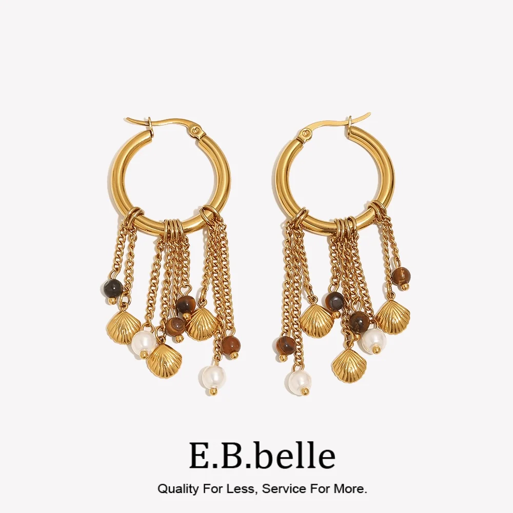 E.B.belle Bohemian Shell Tiger Eye Stone Charm Tassel Hoop Earrings 18K Gold Plated Multi‑Chain Earrings Fashion Women Jewelry
