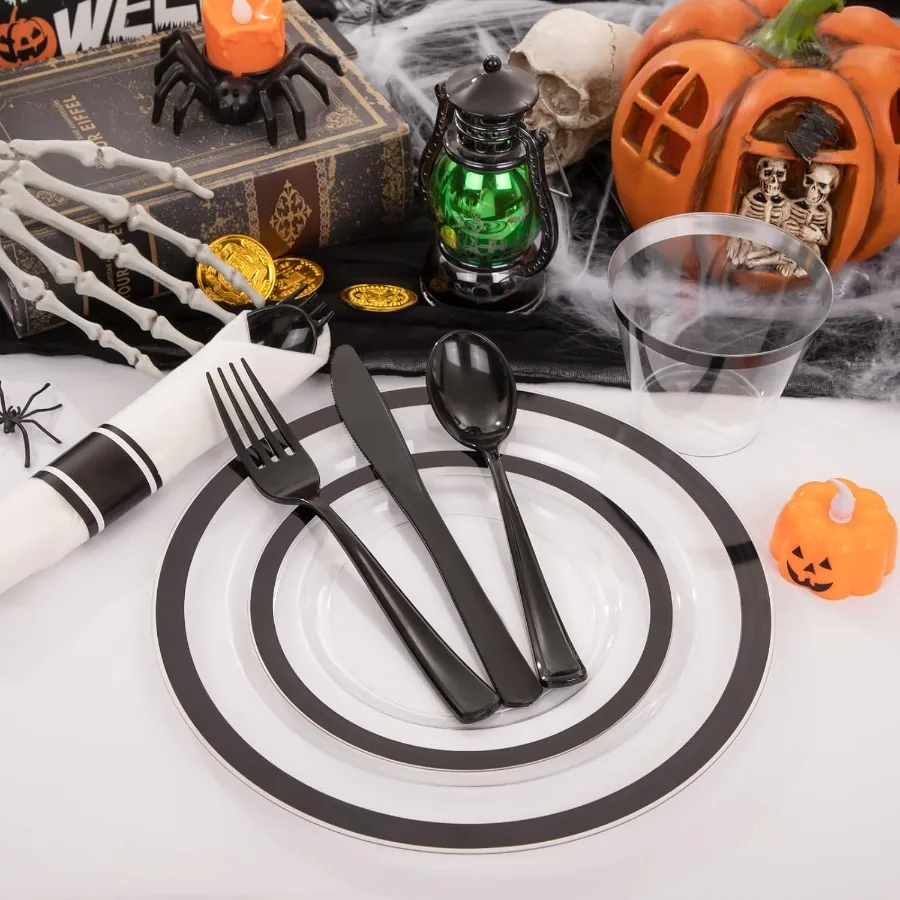 Placas transparentes com borda preta para 50 convidados, 350 peças, incluem 100 placas transparentes descartáveis, 150 talheres pretos, 50 guardanapos