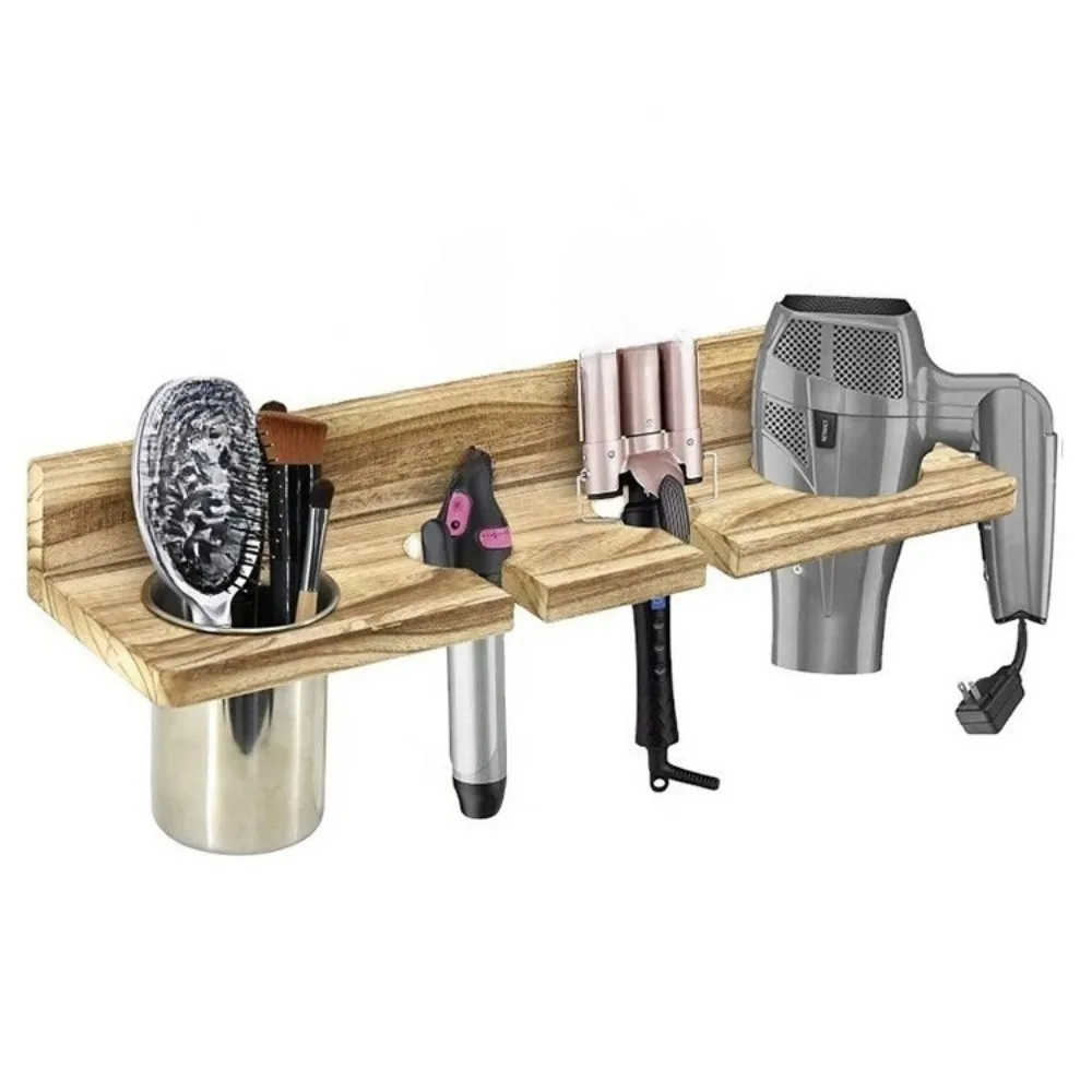 Wooden Bathroom Hair Dryer Rack Wall Mounted Solid Wood Comb Curling Iron Storage Rack Hairdressing Tool Storage Rack