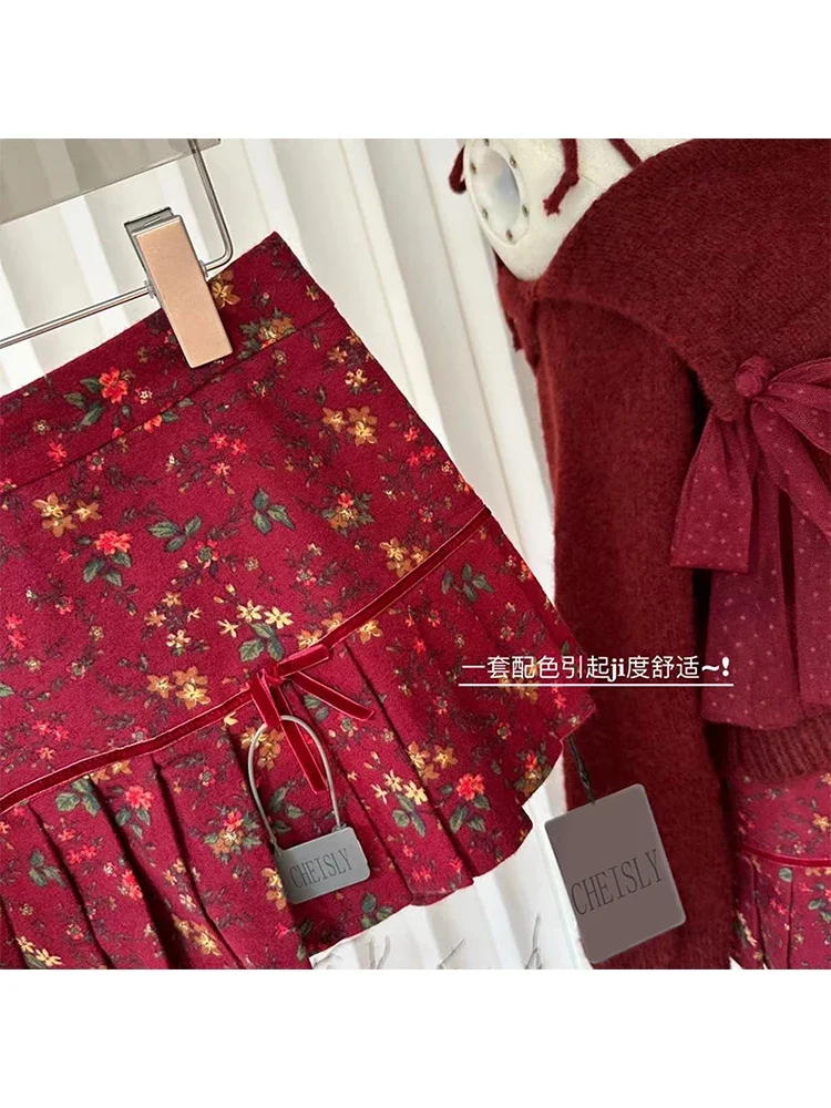 Women\'s Christmas Red Skirt Sets Vintage Long Sleeve Sweater and Flower Print A-Line Mini Skirt Y2k Elegant Suit 2000s Clothes