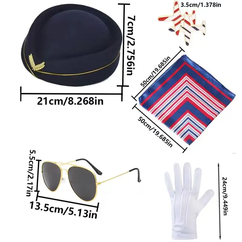 Stewardess Role Play Costume Accessories Set for Women Scarf Hat Gloves Brooch Glasses Case Party Dress Up Outfit
