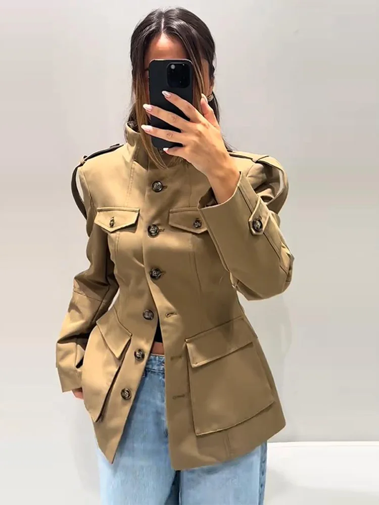 

Fashion Strap Stand Collar Jacket Women's Single Breasted Long Sleeve Pocketed Coat 2025 Autumn New Lady Casual Outerwear ﻿