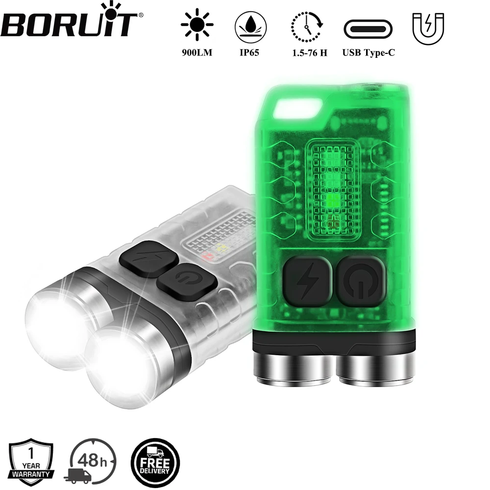 BORUiT V3 UV LED EDC Keychain Flashlight Type-C Rechargeable Work Light Torch with Magnet Waterproof Camping Pocket Lantern