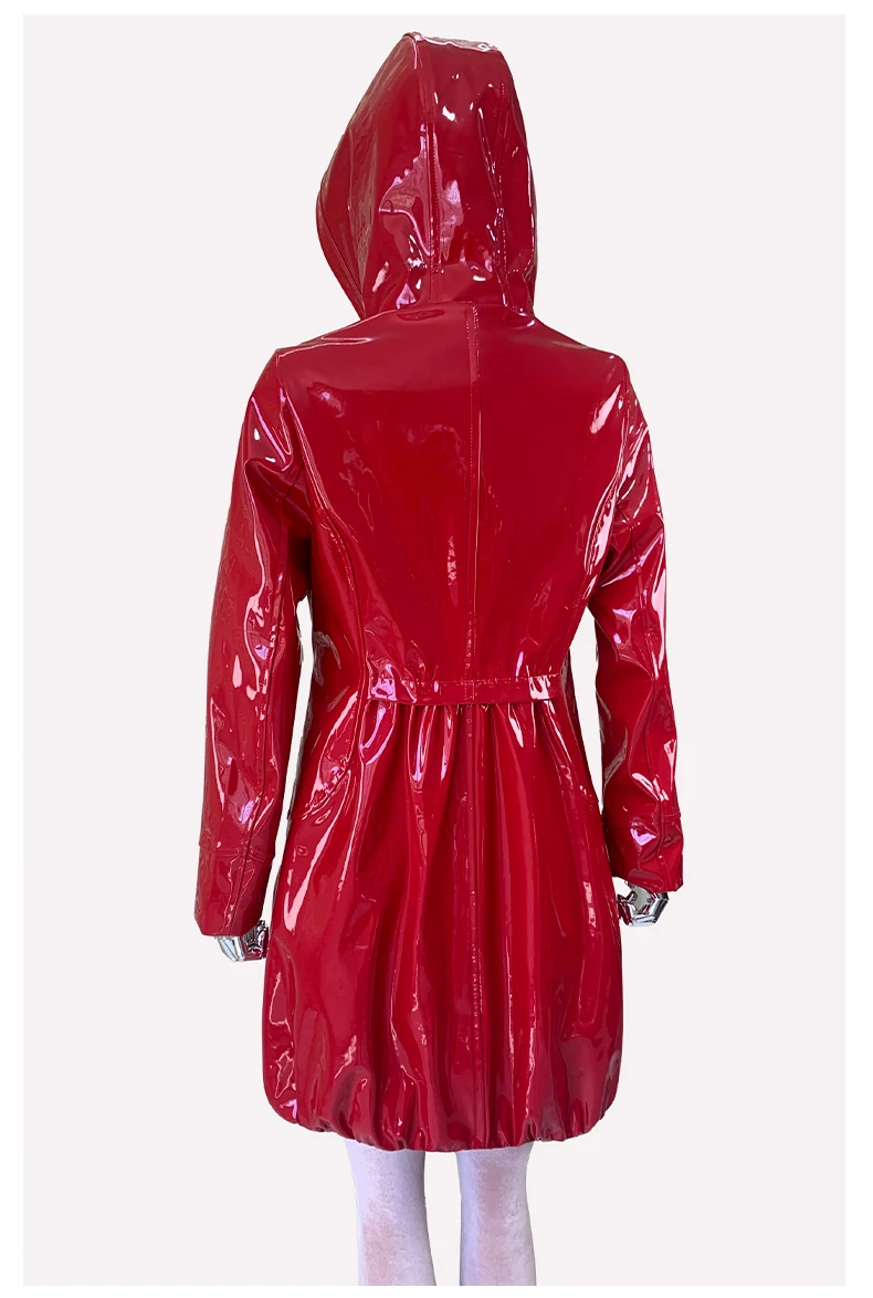 Nerazzurri Spring Fitted Waterproof Shiny Reflective Black Patent Faux Leather Jacket Women with Hood Zipper Red Autumn Clothes