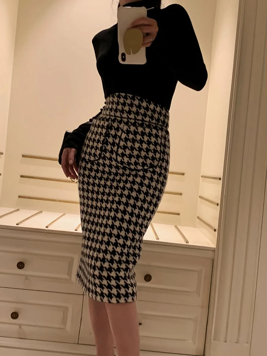 

Шерстяная юбка Kiki Retro Sle с высокой талией, в клетку, с запахом, в корейском стиле, для повседневной носки, весенняя модная женская юбка