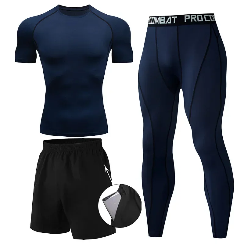 

2024 men's compression running t-shirt pants fitness tight long-sleeved sports 3-piece training jogging gym sportswear fast-dryi