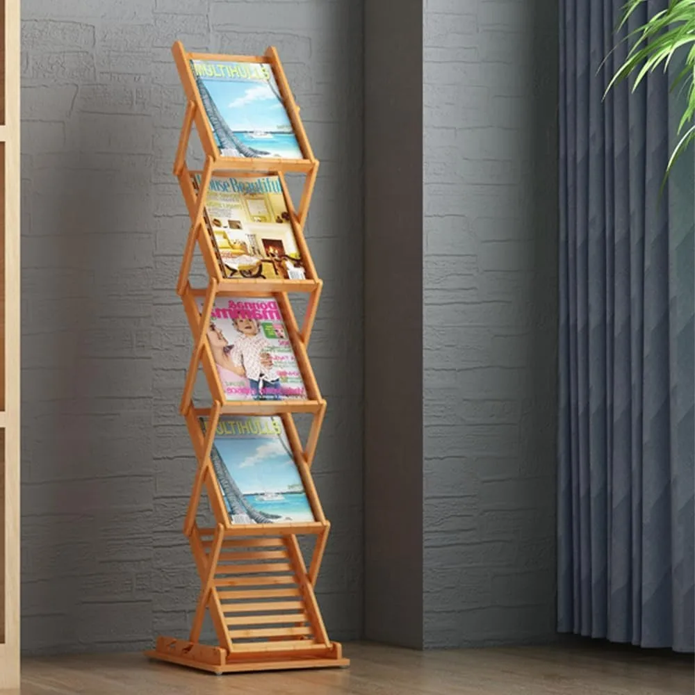 Foldable Bamboo Magazine Rack, Portable Pop-up Display Stand,Magazine Rack Floor 5 Pockets, A4 Size, for Trade Shows, Office